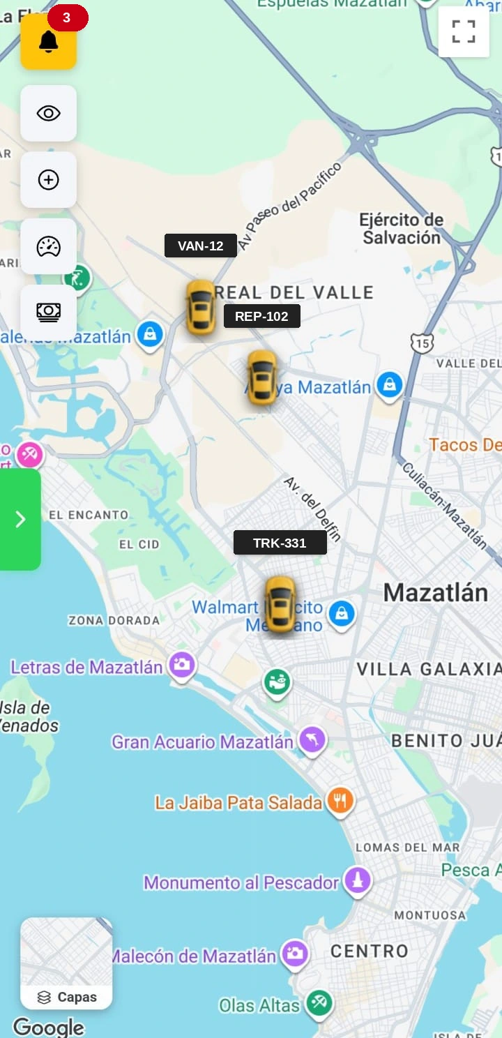 Mapa en vivo de la app de rastreo, con las unidades de una flota en Mazatlán